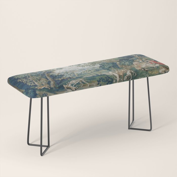 Antique French Verdure Hunting Scene Tapestry Bench Gallery Image 1