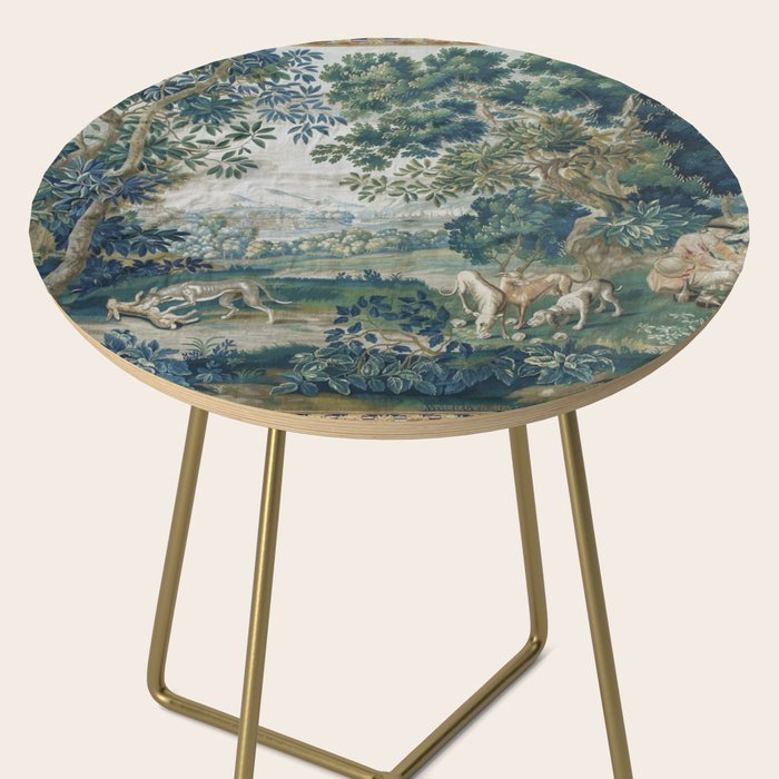 Antique French Verdure Hunting Scene Tapestry Side Table Gallery Image 2