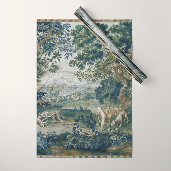 Antique French Verdure Hunting Scene Tapestry Wrapping Paper Gallery Image 1