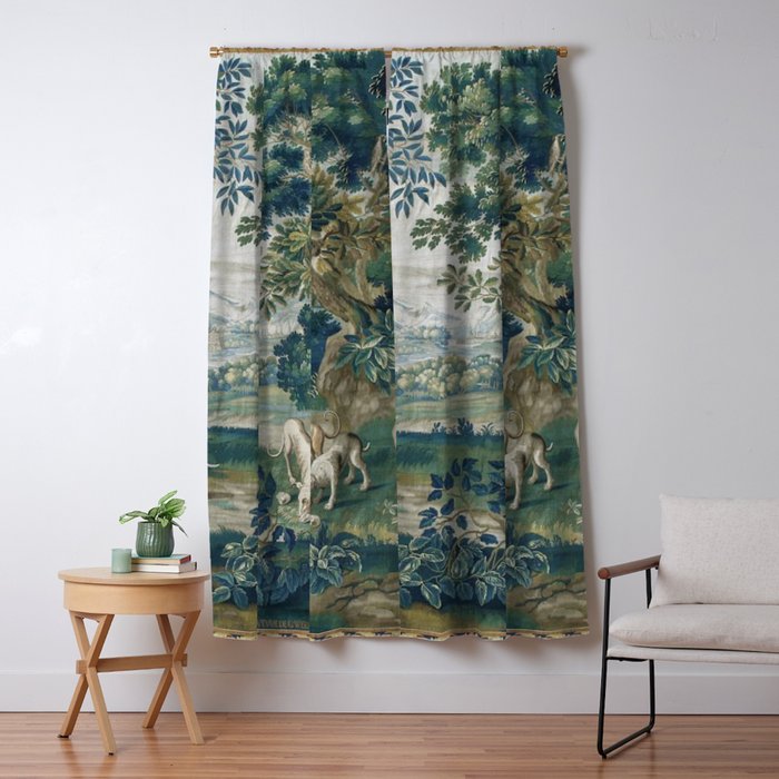 Antique French Verdure Hunting Scene Tapestry Window Curtain Gallery Image 1