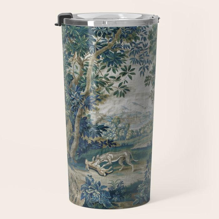 Antique French Verdure Hunting Scene Tapestry Travel Mug Gallery Image 3