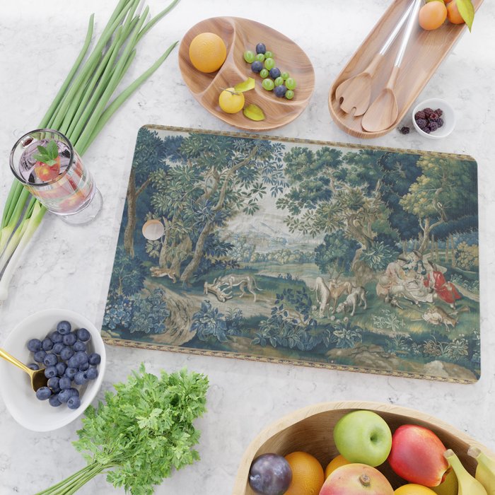 Antique French Verdure Hunting Scene Tapestry Cutting Board Gallery Image 2