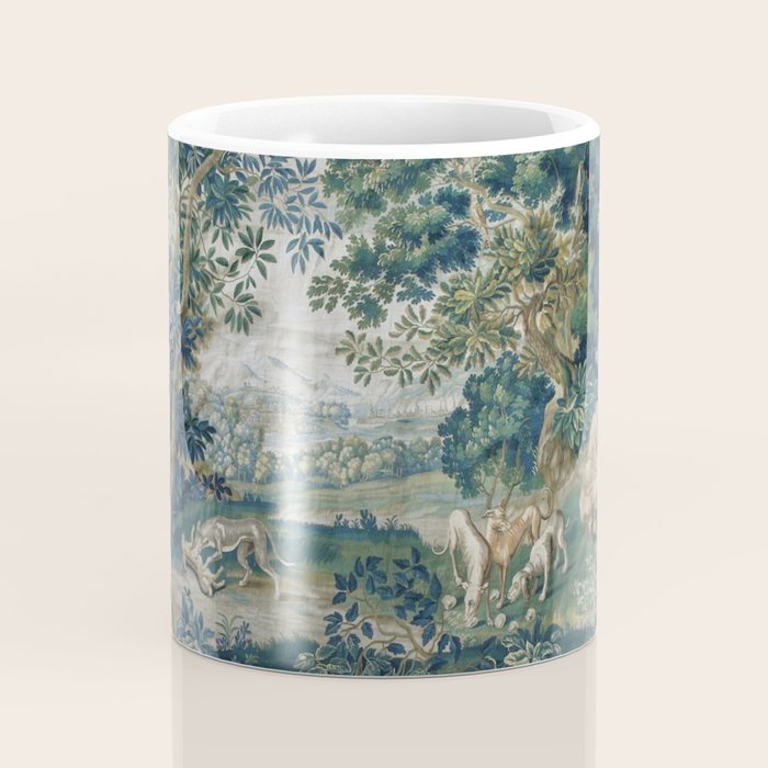 Antique French Verdure Hunting Scene Tapestry Coffee Mug Gallery Image 4