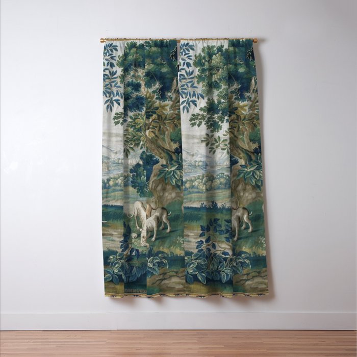 Antique French Verdure Hunting Scene Tapestry Window Curtain Gallery Image 3