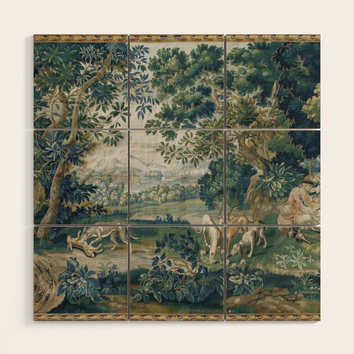Antique French Verdure Hunting Scene Tapestry Wood Wall Art Gallery Image 1