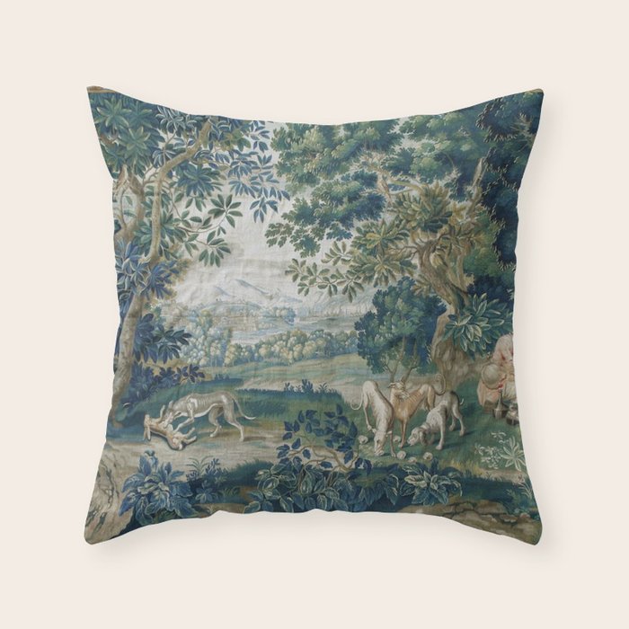 Antique French Verdure Hunting Scene Tapestry Throw Pillow Gallery Image 1