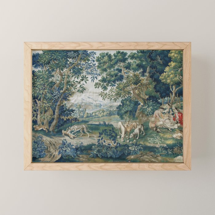 Antique French Verdure Hunting Scene Tapestry Mini Art Print Gallery Image 1