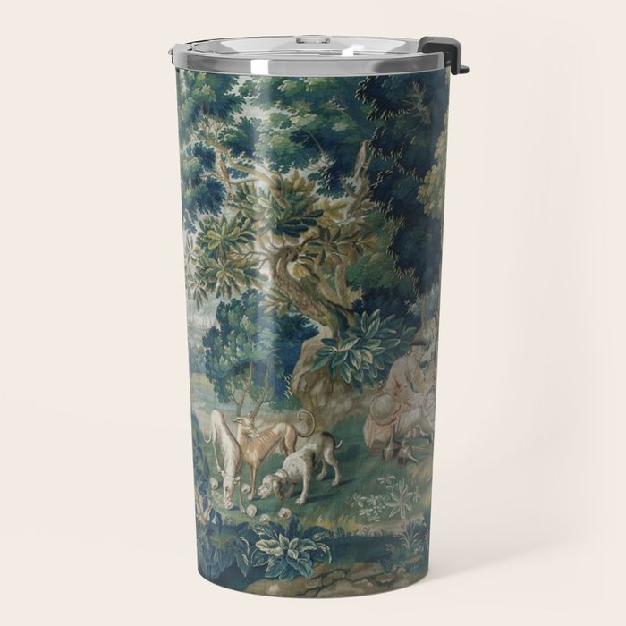 Antique French Verdure Hunting Scene Tapestry Travel Mug Gallery Image 2