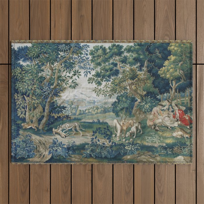 Antique French Verdure Hunting Scene Tapestry Outdoor Rug Gallery Image 1