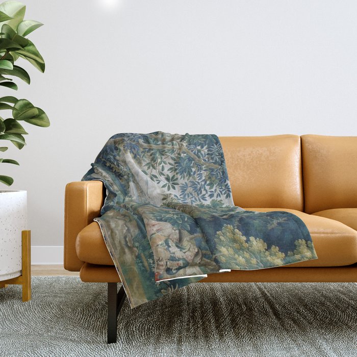 Antique French Verdure Hunting Scene Tapestry Throw Blanket Gallery Image 1
