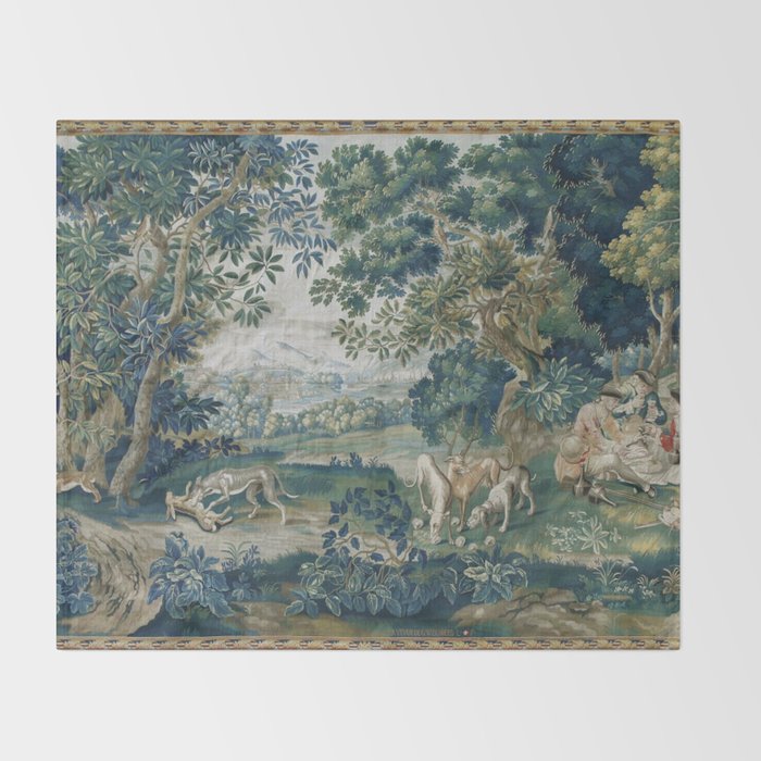 Antique French Verdure Hunting Scene Tapestry Throw Blanket Gallery Image 2