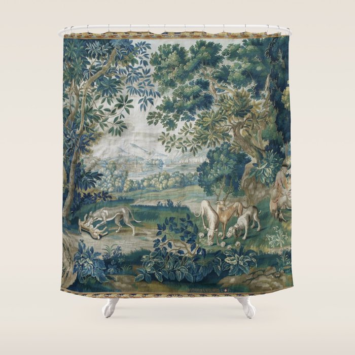 Antique French Verdure Hunting Scene Tapestry Shower Curtain Gallery Image 1