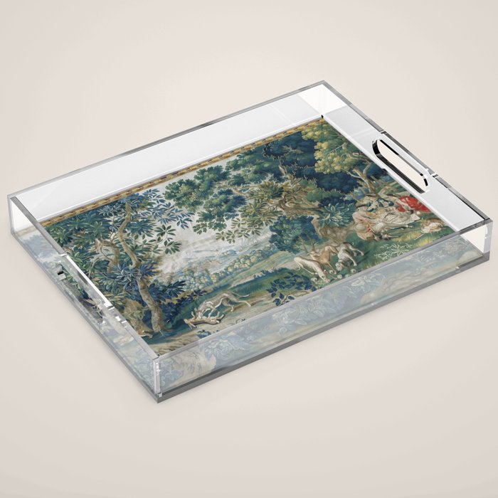 Antique French Verdure Hunting Scene Tapestry Acrylic Tray Gallery Image 1