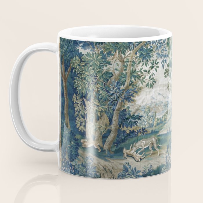 Antique French Verdure Hunting Scene Tapestry Coffee Mug Gallery Image 3