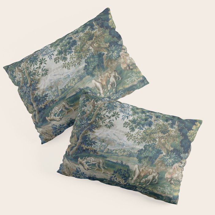 Antique French Verdure Hunting Scene Tapestry Pillow Sham Gallery Image 1