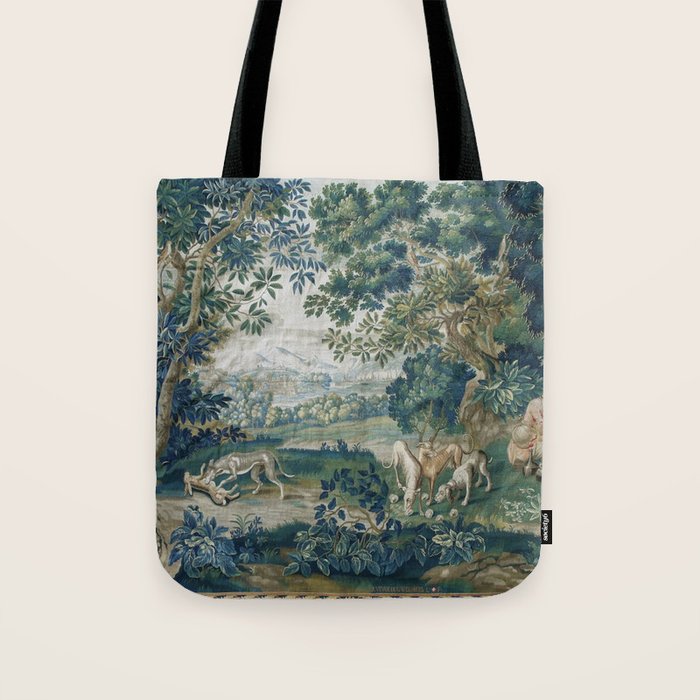 Antique French Verdure Hunting Scene Tapestry Tote Bag Gallery Image 1
