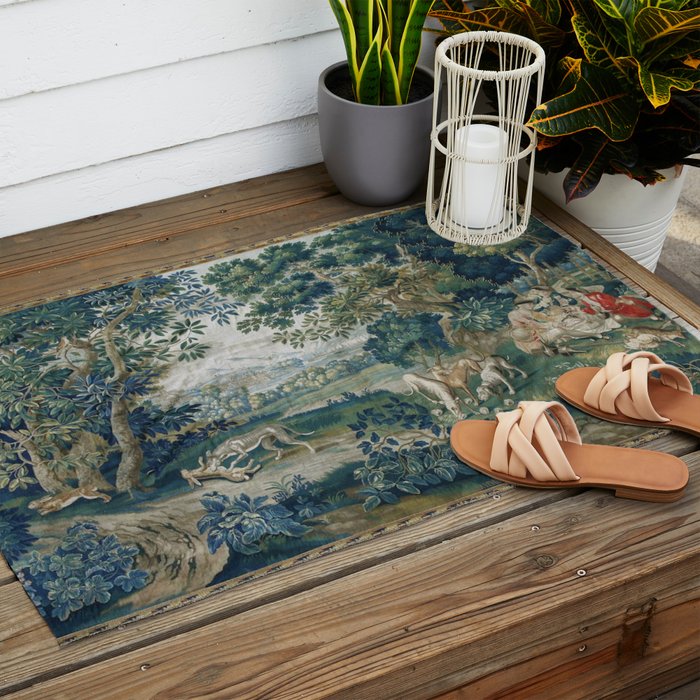 Antique French Verdure Hunting Scene Tapestry Outdoor Rug Gallery Image 2