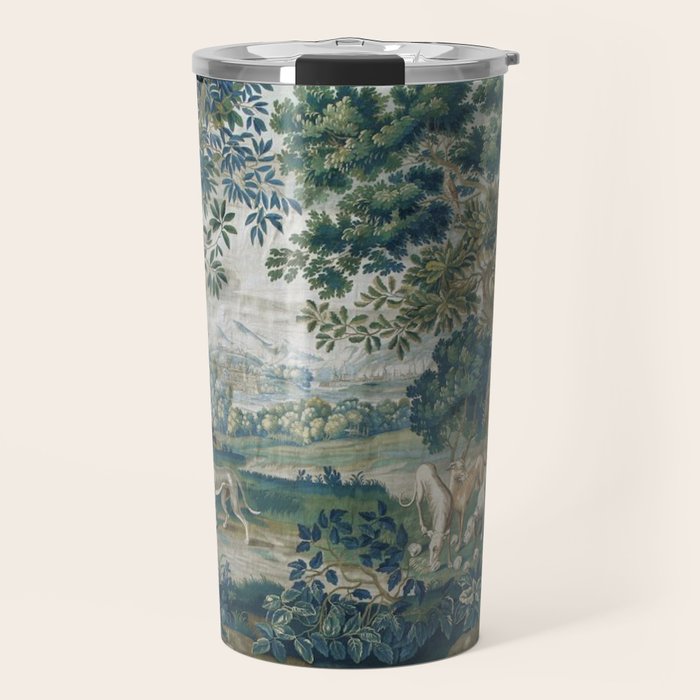 Antique French Verdure Hunting Scene Tapestry Travel Mug Gallery Image 1
