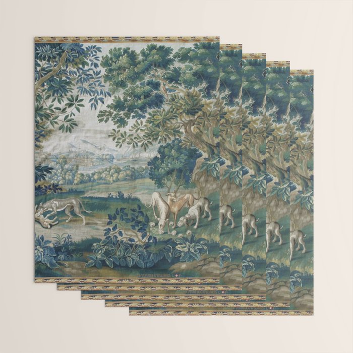Antique French Verdure Hunting Scene Tapestry Wrapping Paper Gallery Image 3