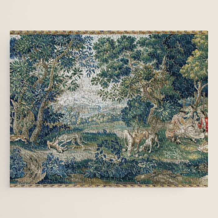Antique French Verdure Hunting Scene Tapestry Jigsaw Puzzle Gallery Image 1