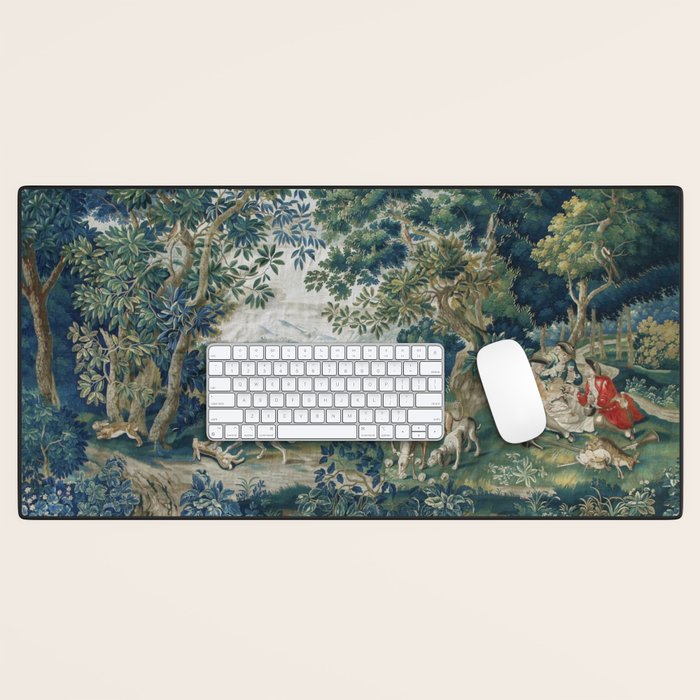 Antique French Verdure Hunting Scene Tapestry Desk Mat Gallery Image 1