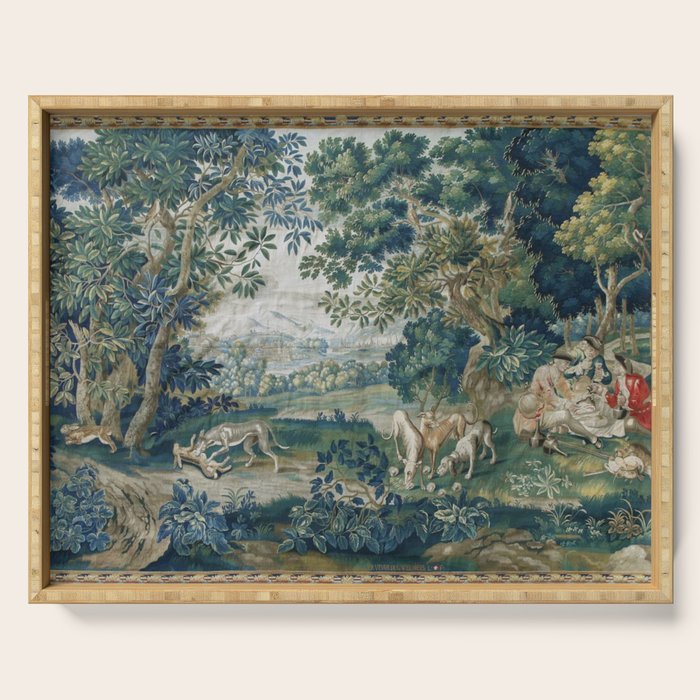 Antique French Verdure Hunting Scene Tapestry Serving Tray Gallery Image 1