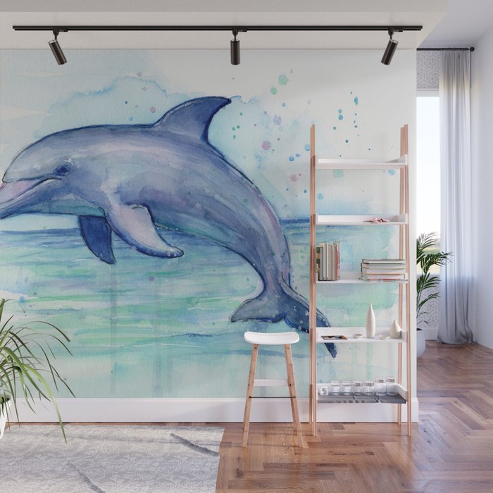 Dolphin Watercolor Sea Creature Animal Wall Mural Gallery Image 1