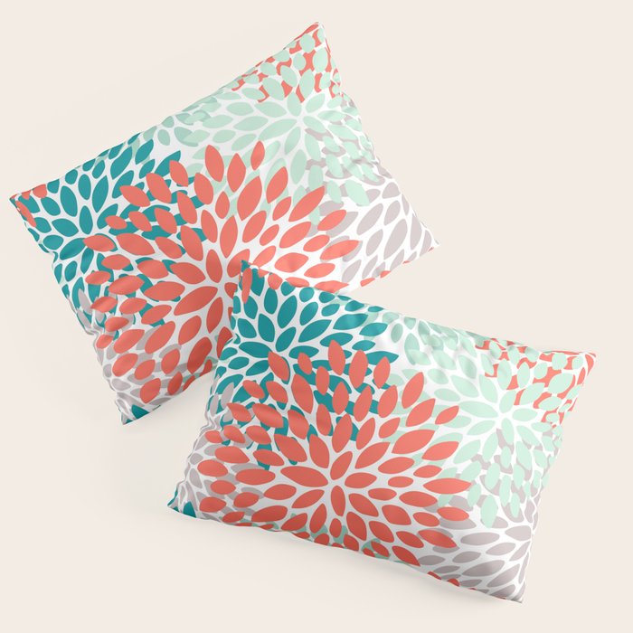 Floral Pattern, Orange, Teal, Mint Green, Flower Print Pillow Sham Gallery Image 1