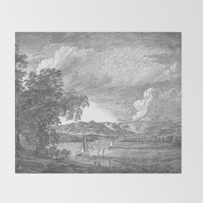 Hudson River and Catskills, Graphite and Crisp White Throw Blanket Gallery Image 2