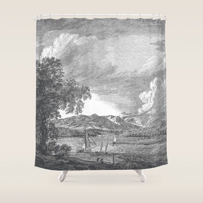 Hudson River and Catskills, Graphite and Crisp White Shower Curtain Gallery Image 1