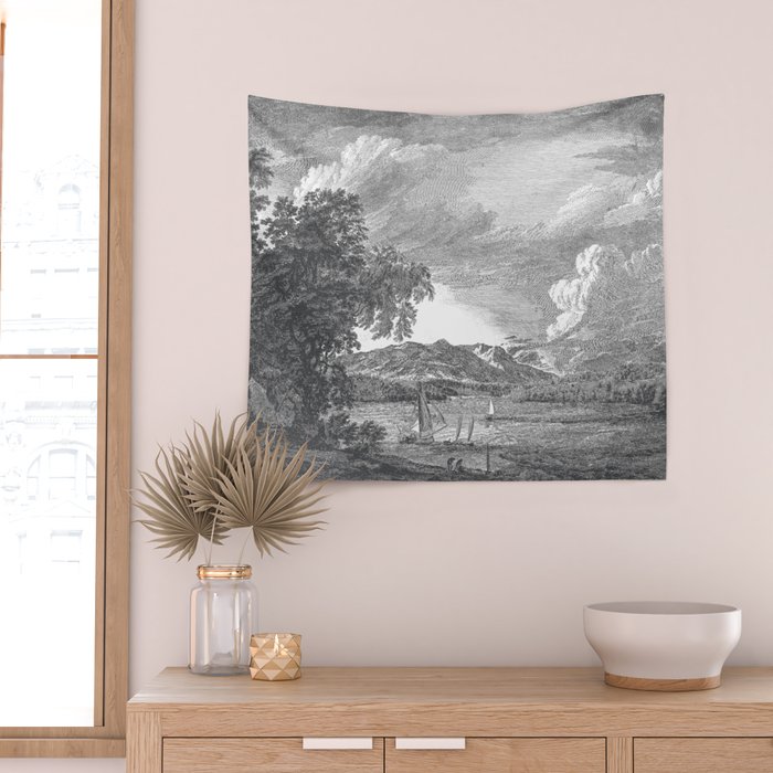 Hudson River and Catskills, Graphite and Crisp White Wall Tapestry Gallery Image 2