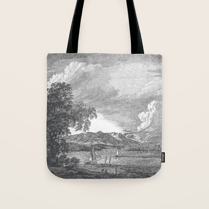 Hudson River and Catskills, Graphite and Crisp White Tote Bag Gallery Image 1