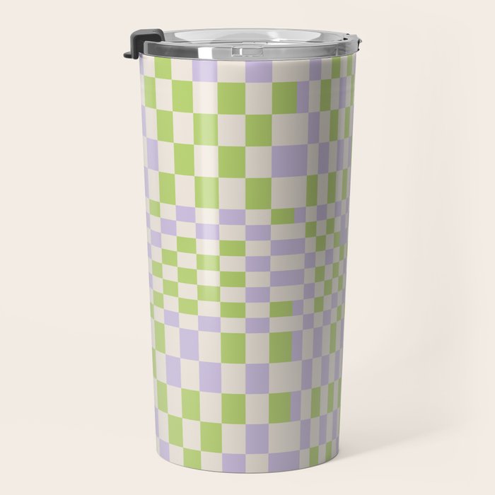 Happy Colorful Checkered Pattern Green and Lilac Travel Mug Gallery Image 3