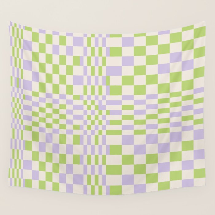 Happy Colorful Checkered Pattern Green and Lilac Wall Tapestry Gallery Image 4