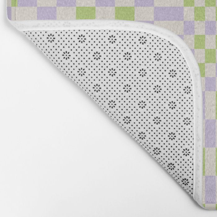 Happy Colorful Checkered Pattern Green and Lilac Bath Mat Gallery Image 2