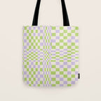 Happy Colorful Checkered Pattern Green and Lilac Tote Bag Gallery Image 1