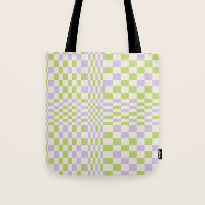 Happy Colorful Checkered Pattern Green and Lilac Tote Bag Gallery Image 1