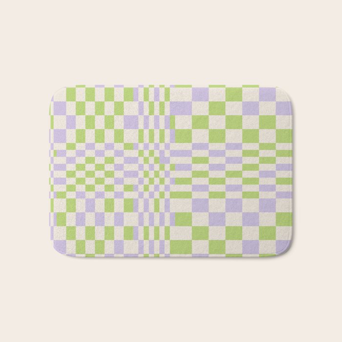 Happy Colorful Checkered Pattern Green and Lilac Bath Mat Gallery Image 1