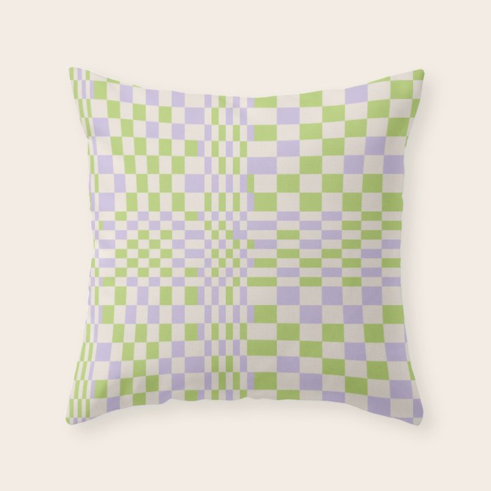 Happy Colorful Checkered Pattern Green and Lilac Throw Pillow Gallery Image 1