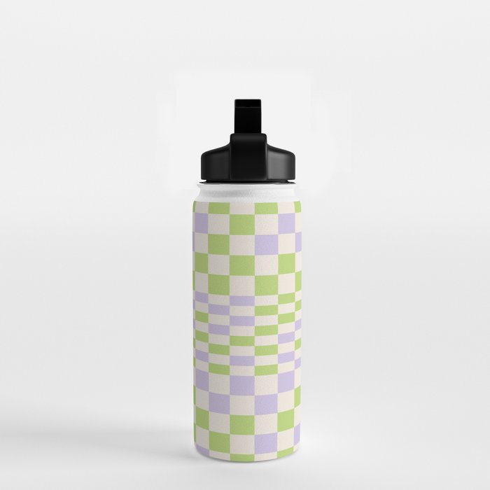 Happy Colorful Checkered Pattern Green and Lilac Water Bottle Gallery Image 2