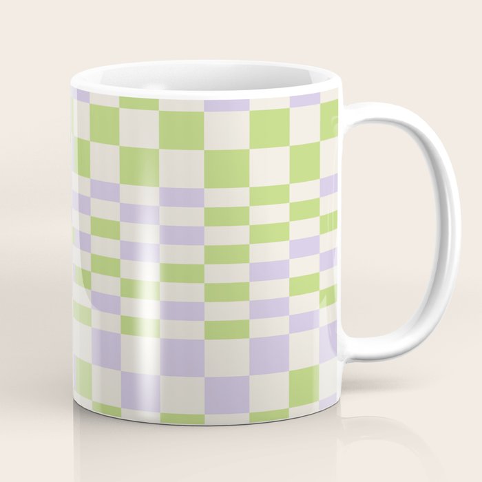 Happy Colorful Checkered Pattern Green and Lilac Coffee Mug Gallery Image 1