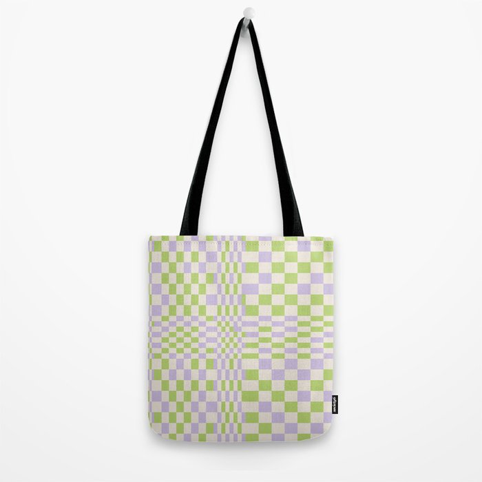 Happy Colorful Checkered Pattern Green and Lilac Tote Bag Gallery Image 2