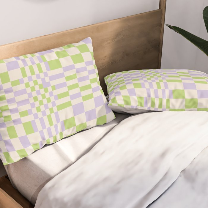 Happy Colorful Checkered Pattern Green and Lilac Pillow Sham Gallery Image 2