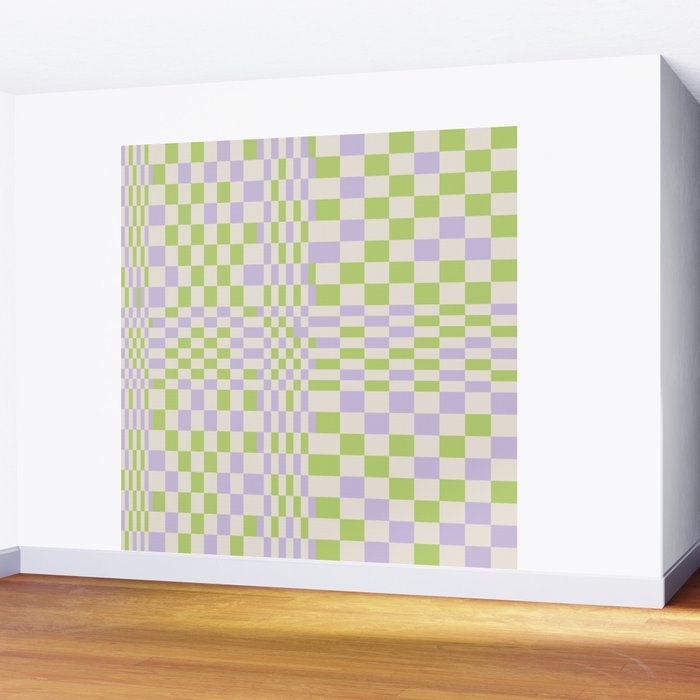 Happy Colorful Checkered Pattern Green and Lilac Wall Mural Gallery Image 2