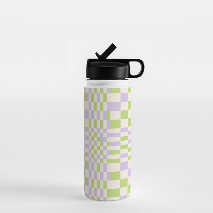 Happy Colorful Checkered Pattern Green and Lilac Water Bottle Gallery Image 1