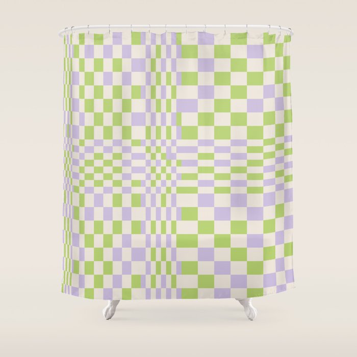 Happy Colorful Checkered Pattern Green and Lilac Shower Curtain Gallery Image 1