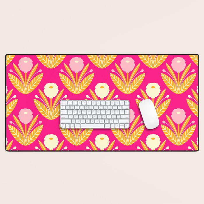 Happy White Dahlias Pattern - Hot Pink Desk Mat Gallery Image 1
