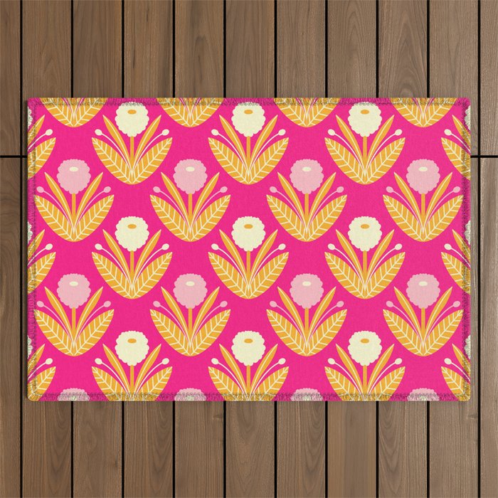 Happy White Dahlias Pattern - Hot Pink Outdoor Rug Gallery Image 1