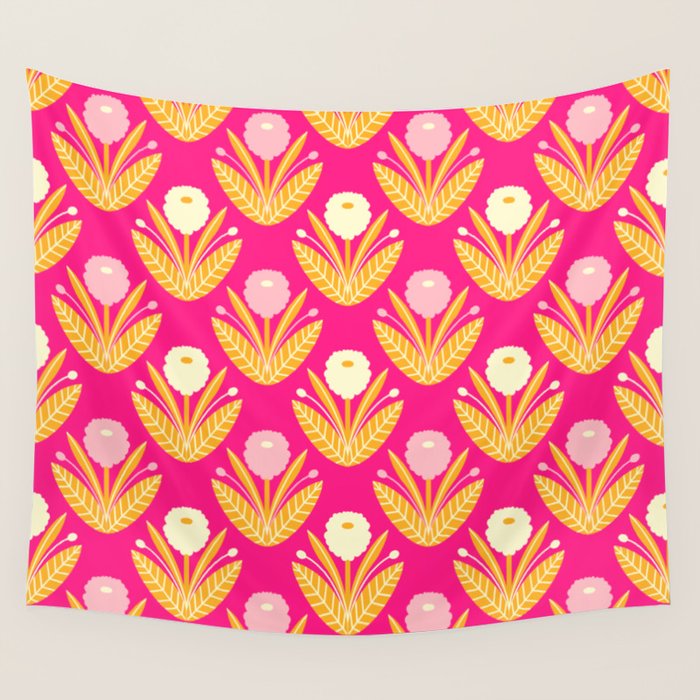 Happy White Dahlias Pattern - Hot Pink Wall Tapestry Gallery Image 1