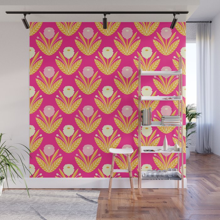 Happy White Dahlias Pattern - Hot Pink Wall Mural Gallery Image 1